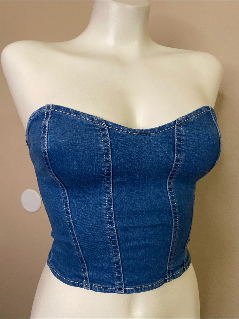 Stradivarius medium Blue stretch Denim strapless bustier tube top S